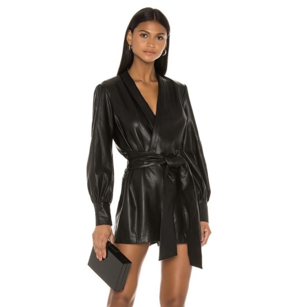 Amanda Uprichard Faux leather olive green romper with tie belt size medium